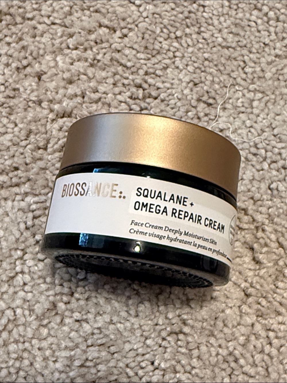 Biossance Squalane + Omega Repair Cream — Gold Lid, White Label, Black Jar